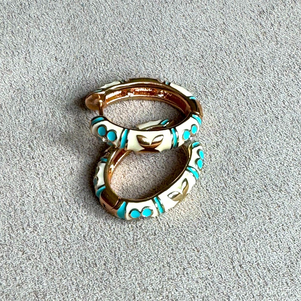 Lauren G Adams Rose Gold with Cream and Turquoise Enamel Hoop Earrings